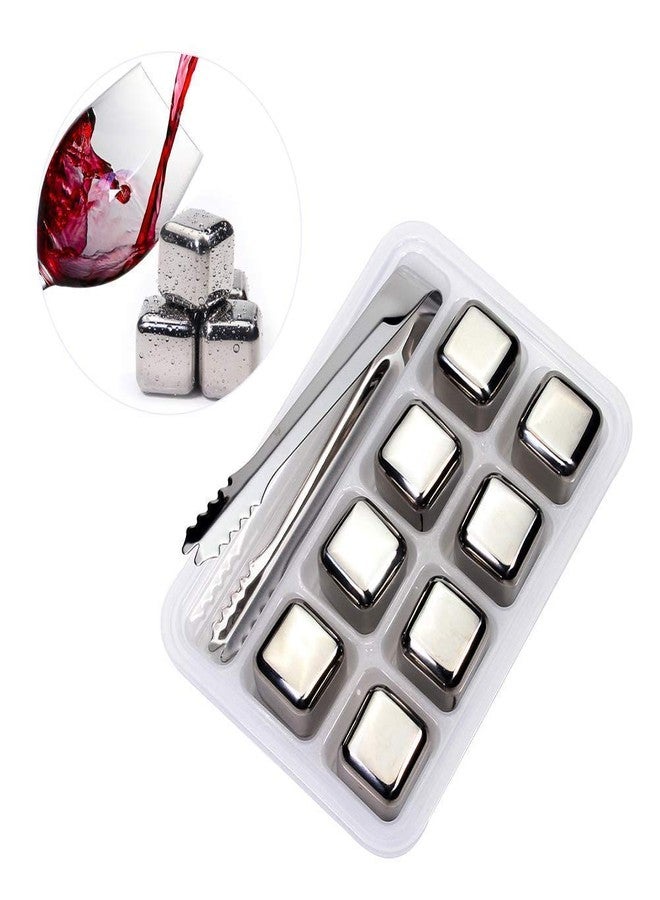 Divinext Stainless Steel Pack of 8 Reusable Ice Cubes with Tongs Whisky Rocks,2.5 X 2.5 X 2.5 cm, Silver - Image 1